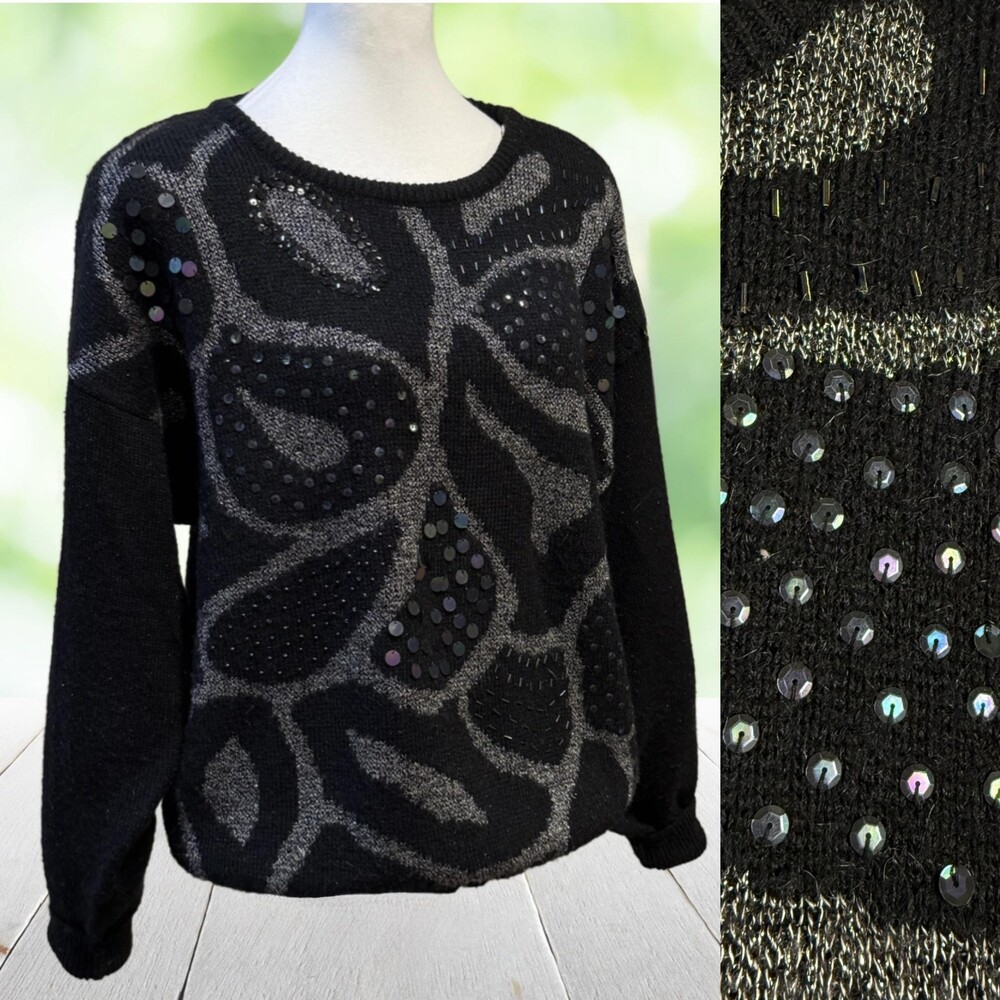 Vintage JASON MAXWELL Hand Beaded Sweater Iridescent Sequins Black Silver Sz XL